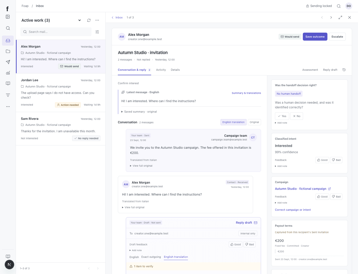 The foap.com workspace showing a creator conversation and campaign context with fictional data.