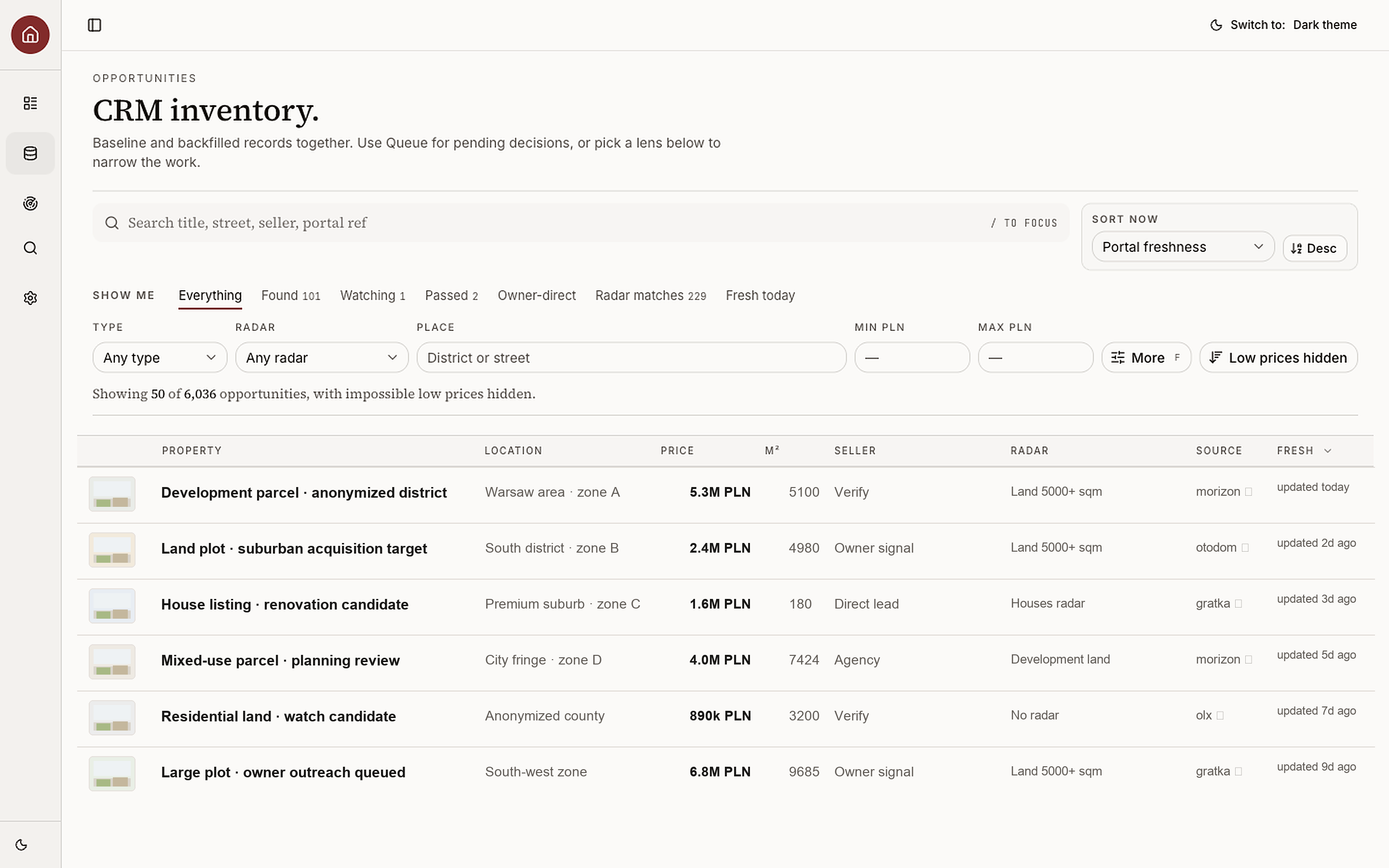 CRM inventory view with thousands of opportunities, radar filters, source, freshness, and seller status.