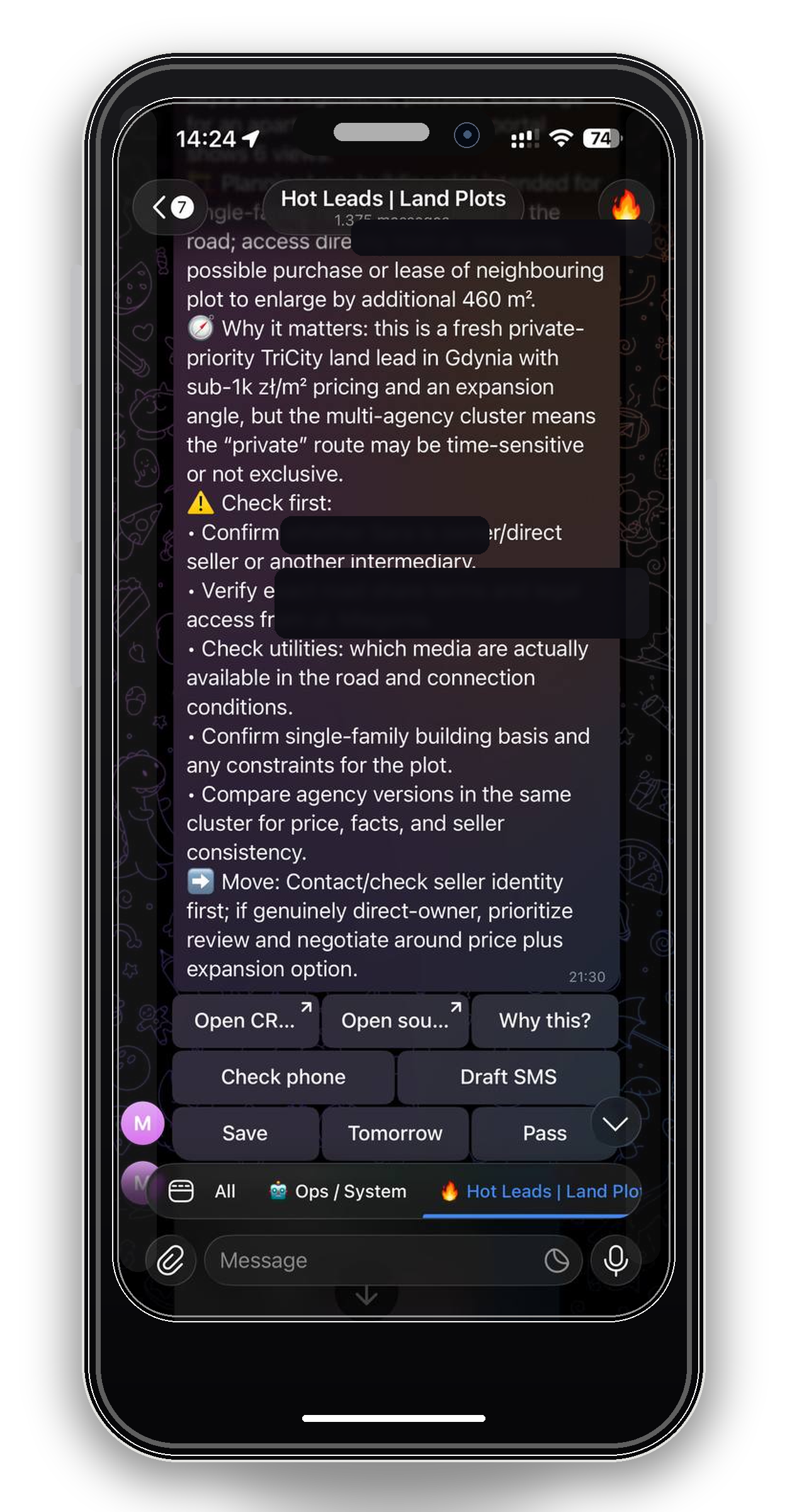 Anonymized Telegram screenshot in a phone frame, showing the bottom of a lead card with checklist and operator action buttons.