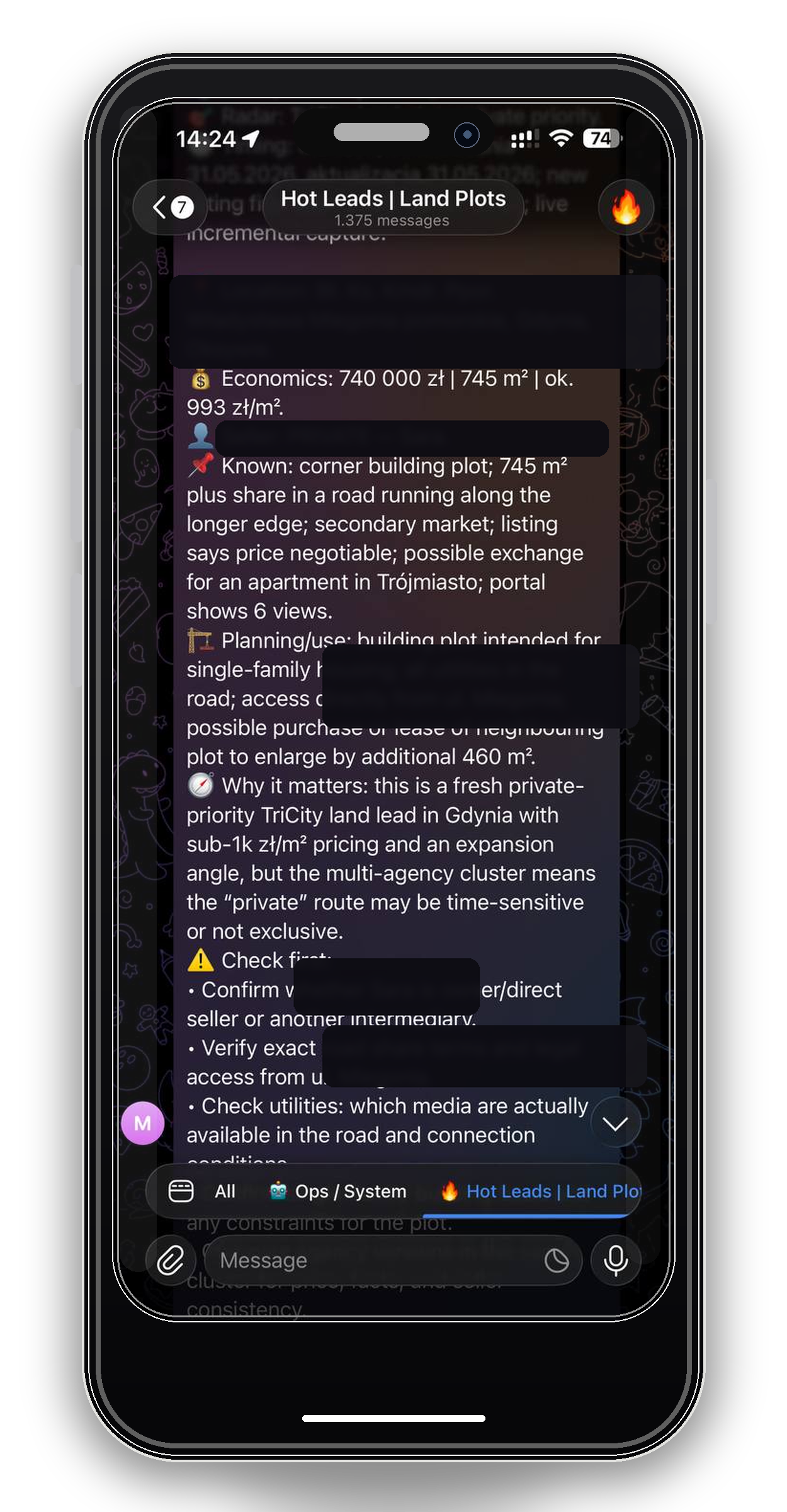 Anonymized Telegram screenshot in a phone frame, showing the top of a real-estate lead card with deal numbers and rationale.