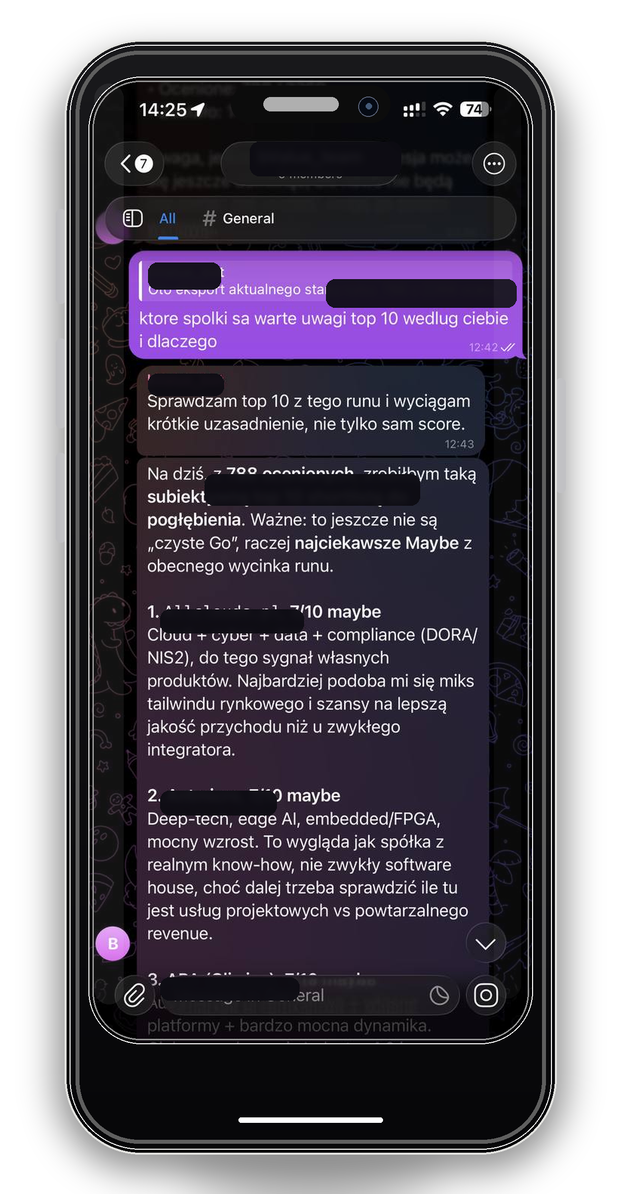 Anonymized Telegram screenshot in a phone frame, showing a team channel with a bot response and shortlist for analysis.