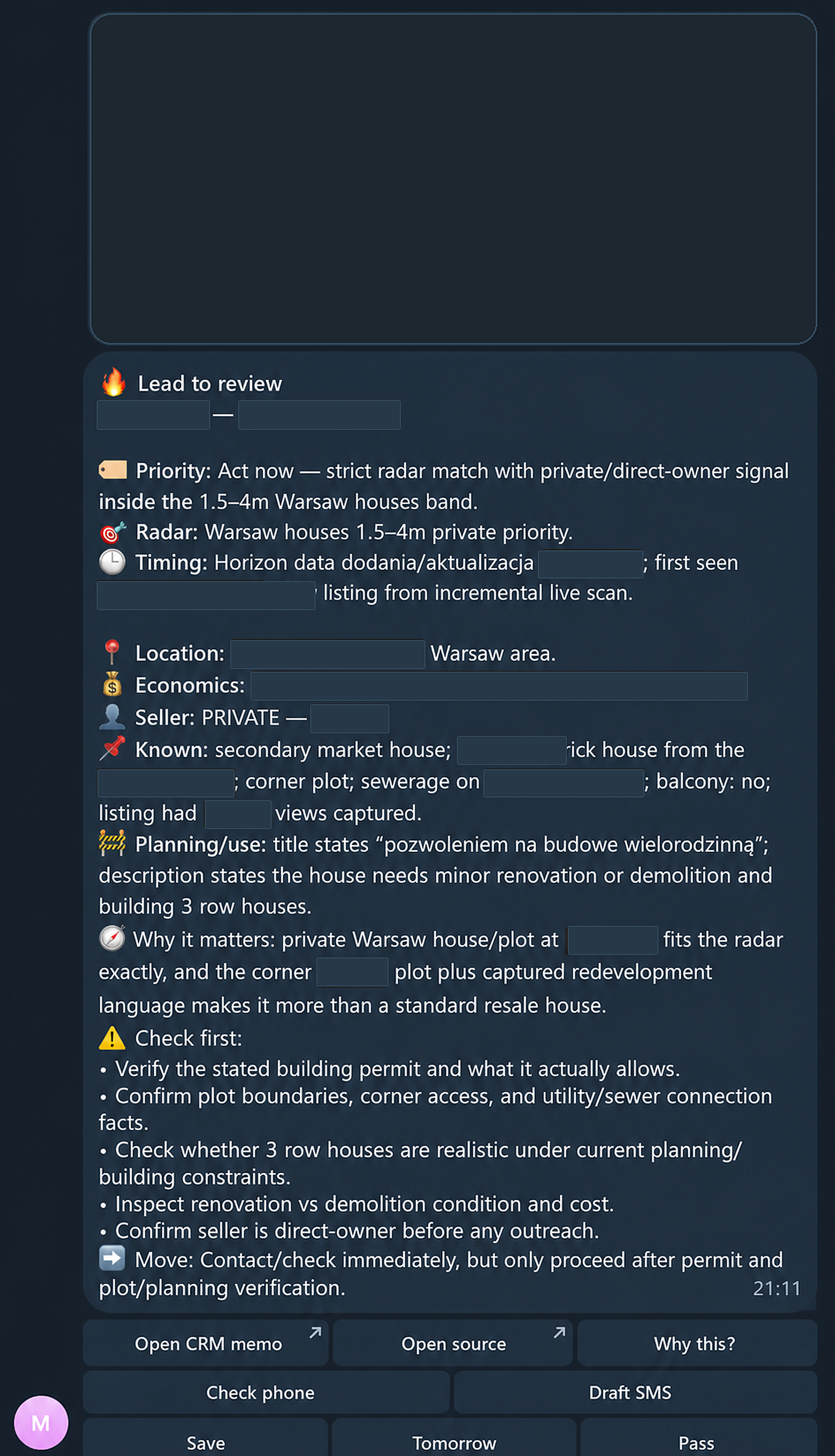 Redacted Telegram lead-review card with operator actions for a real-estate acquisition agent.