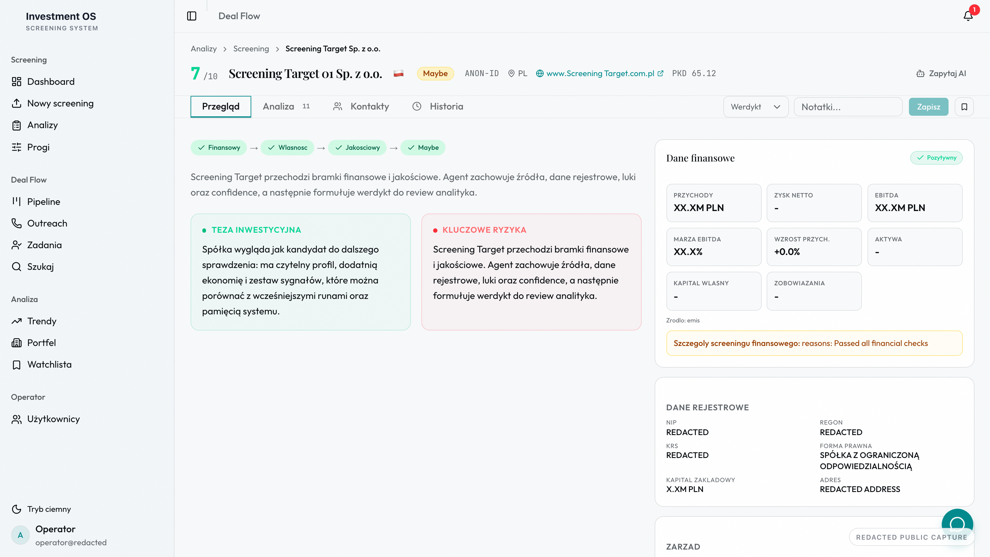 Redacted company dossier view with AI assessment, financial data, analyst override, and decision gate.