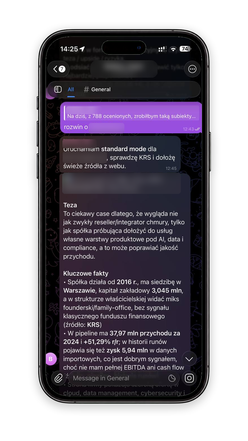 Redacted Telegram screenshot in a phone frame: a company dossier with registry context, revenue signals, thesis, and caveats.