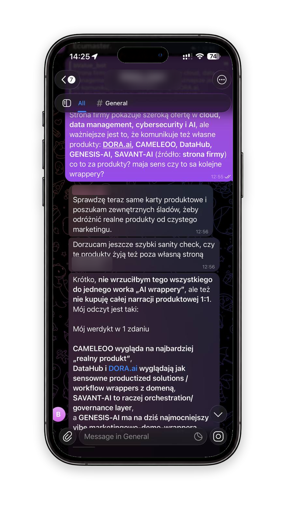 Redacted Telegram screenshot in a phone frame: checking whether the company's products are real solutions or wrappers.