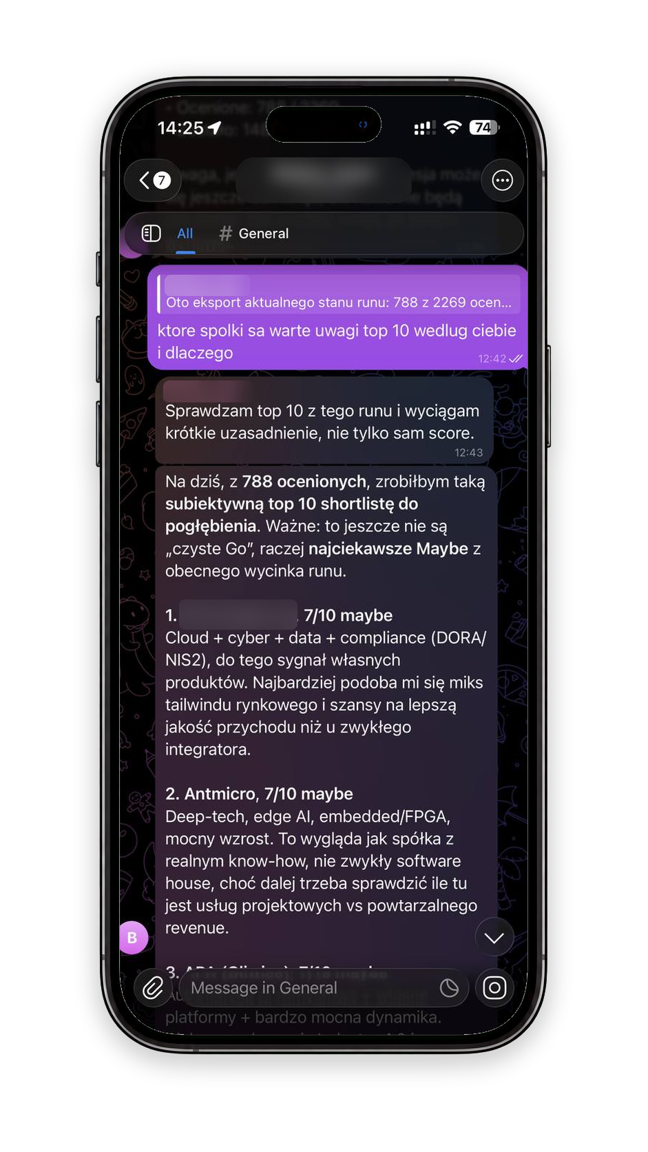 Redacted Telegram screenshot in a phone frame: the analyst asks for a top 10 and receives a ranked first-pass list.