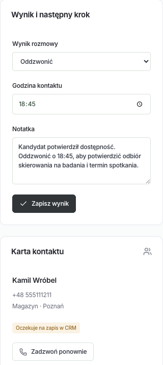 Panel wyniku rozmowy z wynikiem Oddzwonić