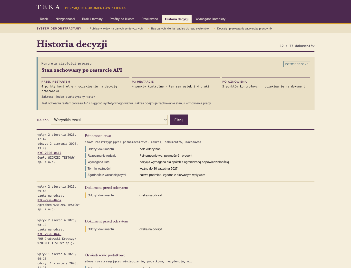 Restart checkpoint and decision history