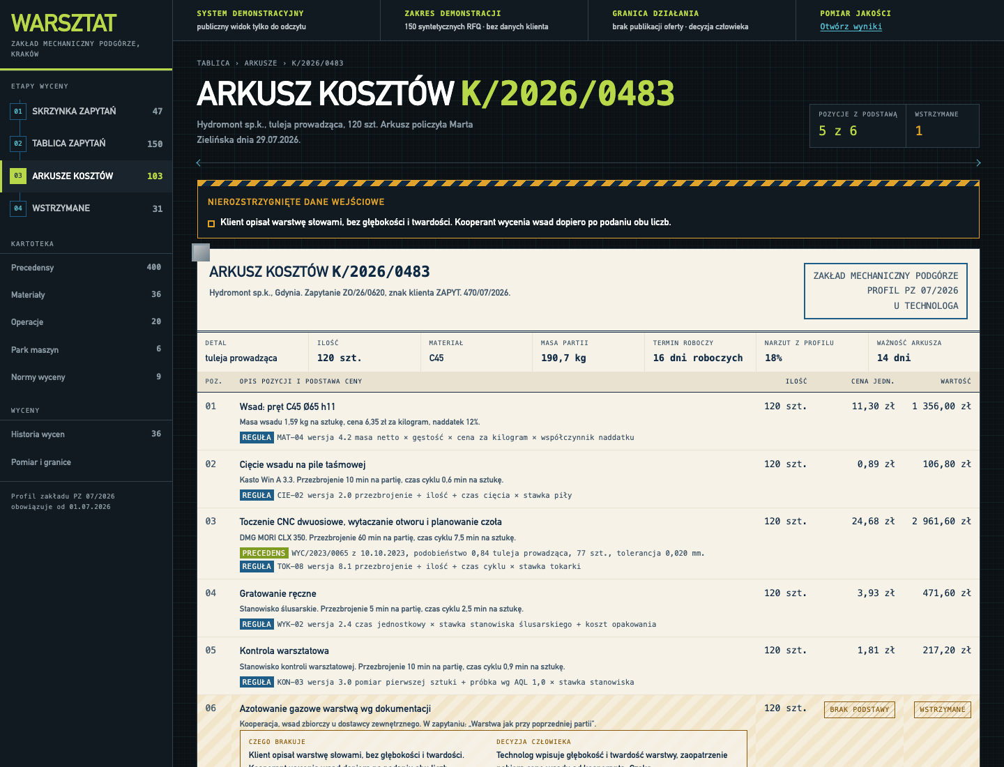 A cost sheet